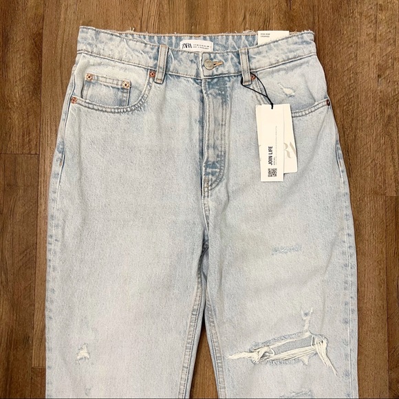 Zara High Rise Cropped Rip Flare Denim Jeans Light Blue - Picture 6 of 12